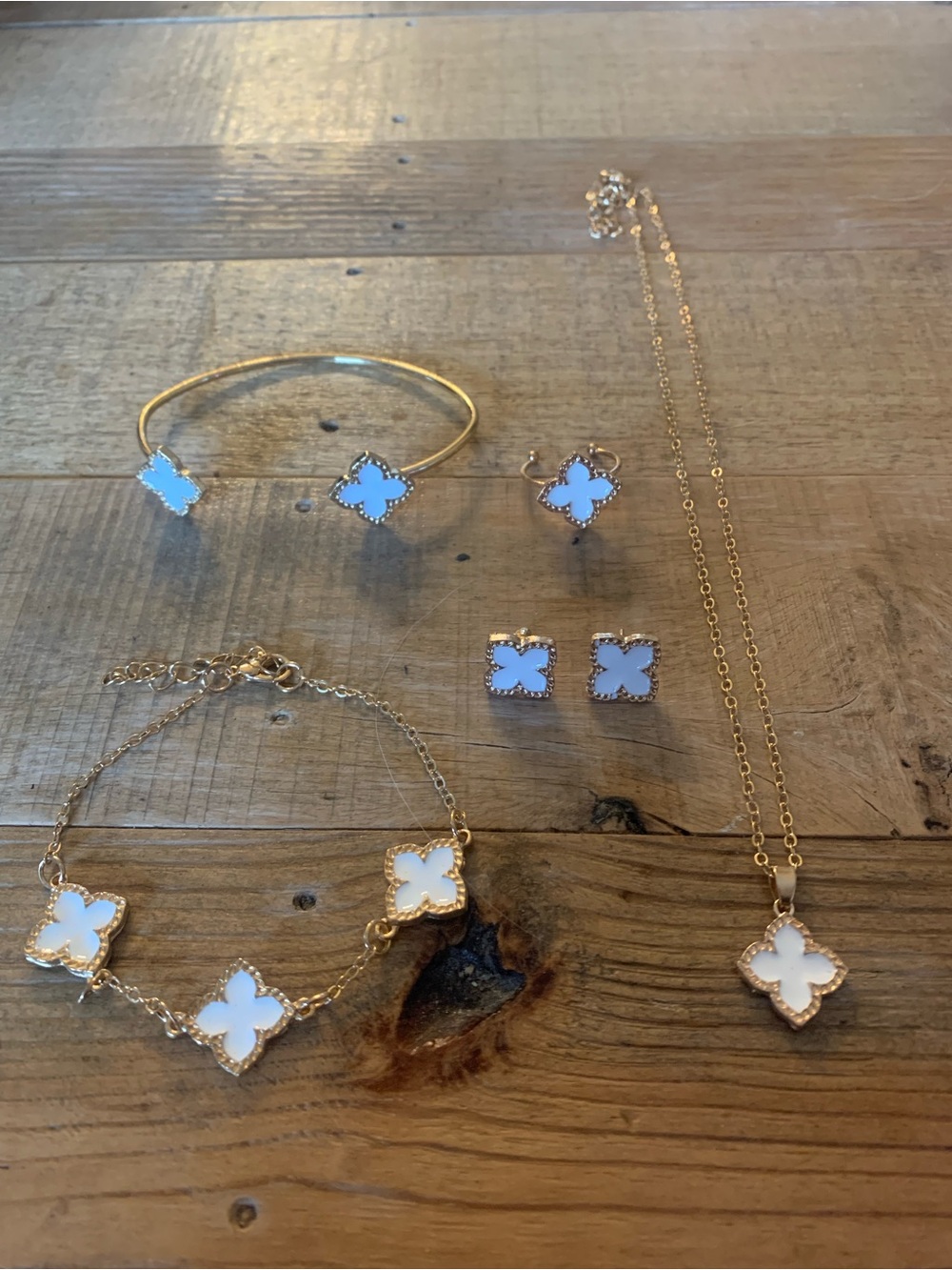 Gold-Tone White Clover Jewelry Set - Necklace, Bracelet, Earrings, Bangle, Ring